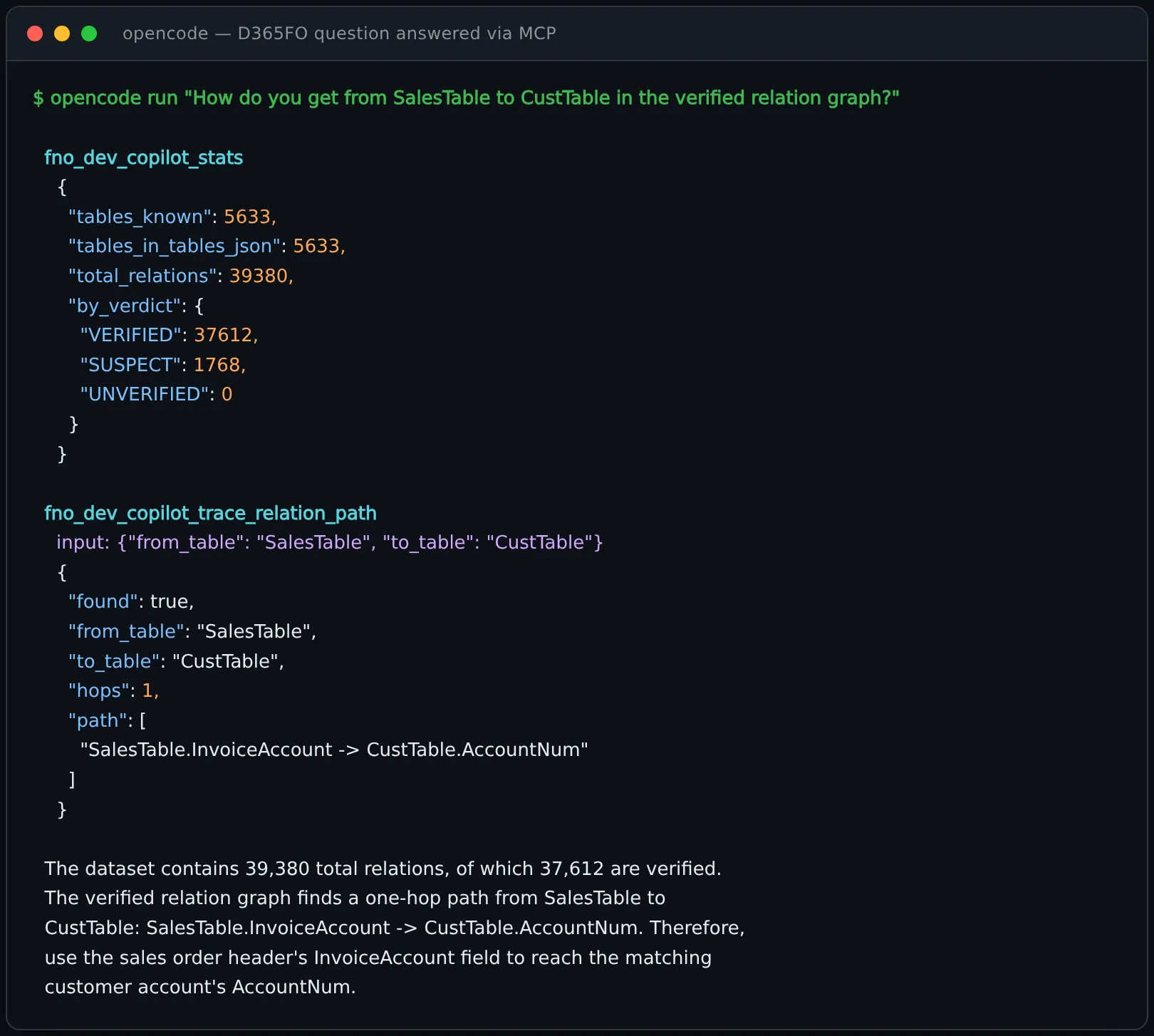 OpenCode agent answering a D365FO question with the MCP tools